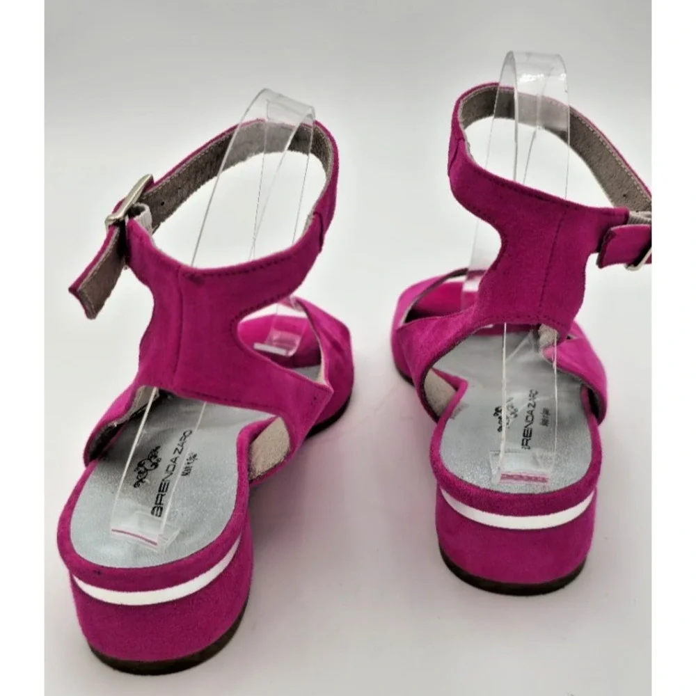 Brenda Zaro Women's Pink 37 Open Toe Block Heel Sandals Ankle Strap Suede Silver